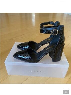 New Lulu's Black Vegan Leather Croc Embossed Ankle Strap Block Heel